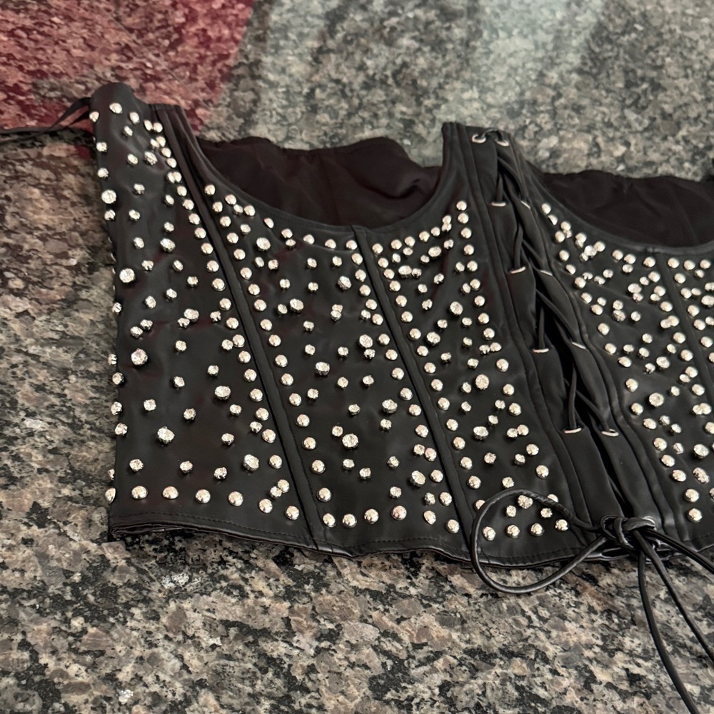 Black faux leather silver Studded Corset Top - Picture 3 of 8